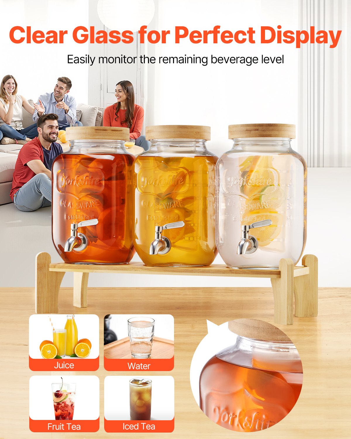 Dryckesdispenser, 3-pack 3,8L dryckesdispensrar för fester, Glasjuicedispenser med träställ, Tapp i rostfritt stål, Infuser, Iste- och citronvattendispensrar för fester