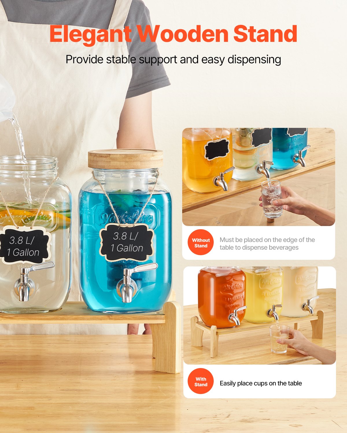 Dryckesdispenser, 3-pack 3,8L dryckesdispensrar för fester, Glasjuicedispenser med träställ, Tapp i rostfritt stål, Infuser, Iste- och citronvattendispensrar för fester