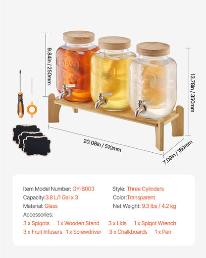 Dryckesdispenser, 3-pack 3,8L dryckesdispensrar för fester, Glasjuicedispenser med träställ, Tapp i rostfritt stål, Infuser, Iste- och citronvattendispensrar för fester