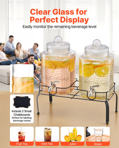 Dryckesdispenser, 2-pack 5,5 l dryckesdispensrar för fester, juicedispenser i glas med metallställ, kran i rostfritt stål, vattendispensrar för iste, citronjuice och iste för fester