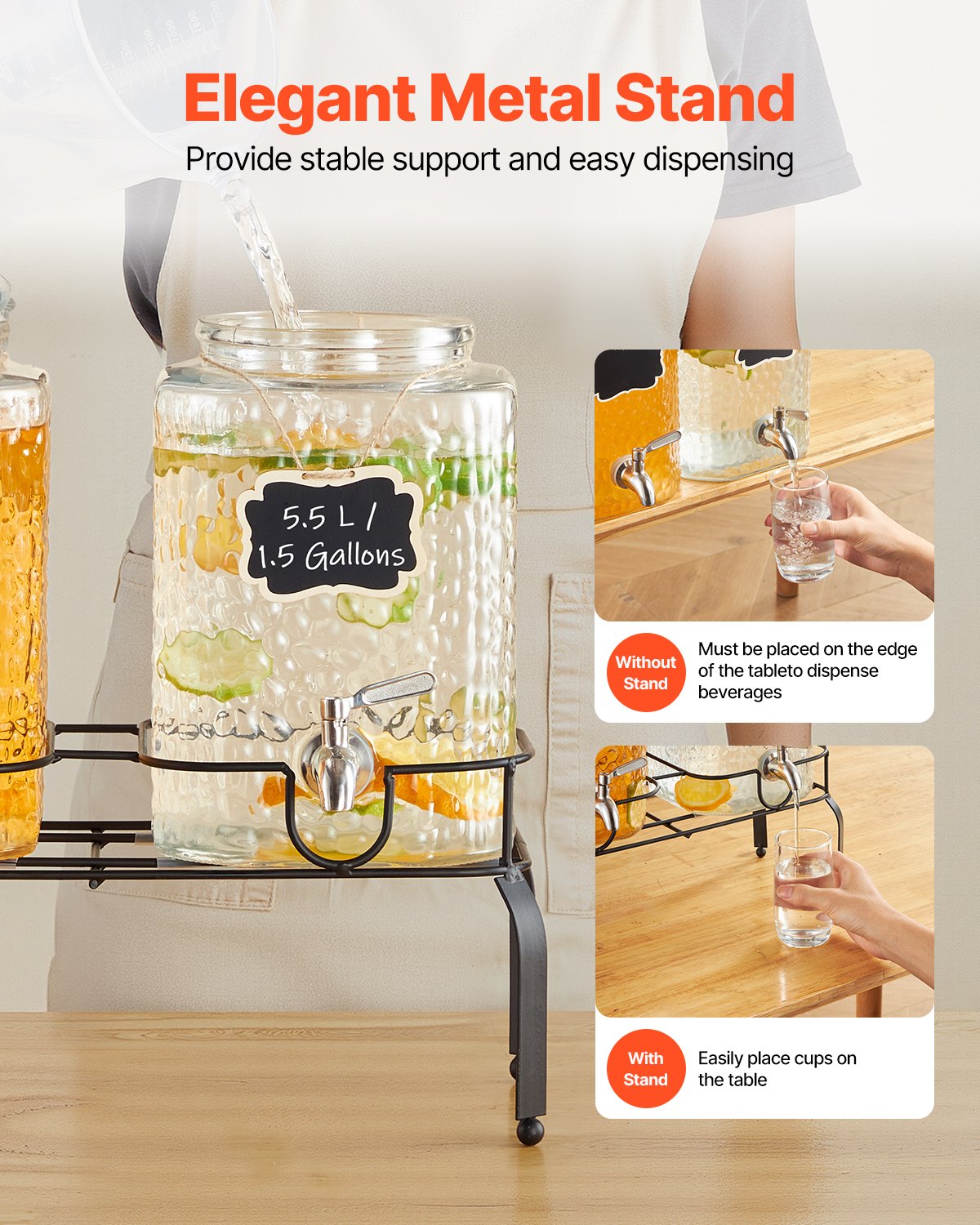 Dryckesdispenser, 2-pack 5,5 l dryckesdispensrar för fester, juicedispenser i glas med metallställ, kran i rostfritt stål, vattendispensrar för iste, citronjuice och iste för fester