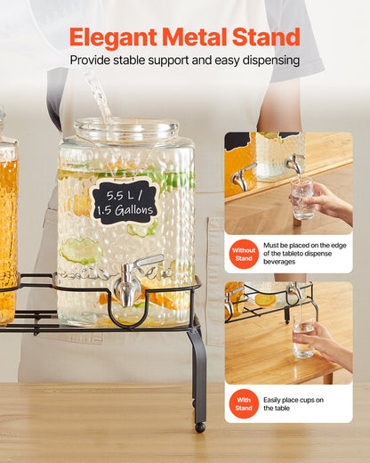 Dryckesdispenser, 2-pack 5,5 l dryckesdispensrar för fester, juicedispenser i glas med metallställ, kran i rostfritt stål, vattendispensrar för iste, citronjuice och iste för fester