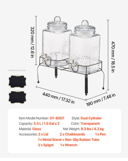 Dryckesdispenser, 2-pack 5,5 l dryckesdispensrar för fester, juicedispenser i glas med metallställ, kran i rostfritt stål, vattendispensrar för iste, citronjuice och iste för fester
