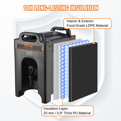 Insulated Beverage Dispenser, 9.5 L, Food-grade LDPE Hot and Cold Beverage Server, Thermal Drink Dispenser Cooler with 2.3 cm PU Layer Two-Stage Faucet Handle, for Restaurant Drink Shop