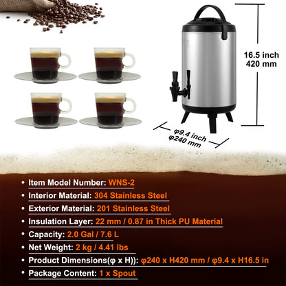 Isolerad dryckesdispenser i rostfritt stål, 7,6 liter, termisk dispenser för varma och kalla drycker med tapphandtag, livsmedelsklassad för varmt te, kaffe, vatten, restaurang, dryckesbutik