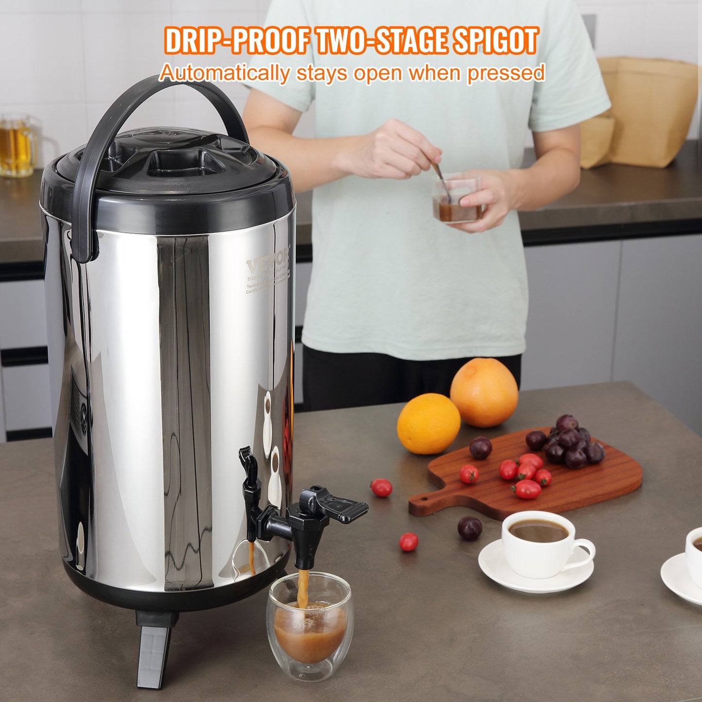 Stainless Steel Insulated Beverage Dispenser, 2.4 Gallon 9.2 Liter, Thermal Hot and Cold Drink Server Dispenser with Spigot Handle, Food-grade for Hot Tea Coffee Water Restaurant Drink Shop