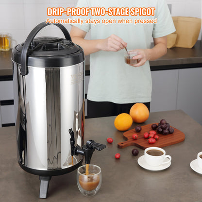 Stainless Steel Insulated Beverage Dispenser, 2.4 Gallon 9.2 Liter, Thermal Hot and Cold Drink Server Dispenser with Spigot Handle, Food-grade for Hot Tea Coffee Water Restaurant Drink Shop