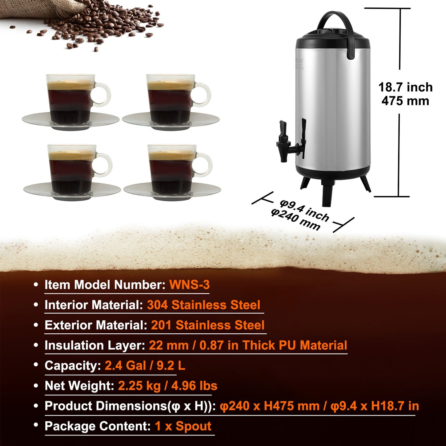 Stainless Steel Insulated Beverage Dispenser, 2.4 Gallon 9.2 Liter, Thermal Hot and Cold Drink Server Dispenser with Spigot Handle, Food-grade for Hot Tea Coffee Water Restaurant Drink Shop