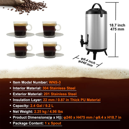 Stainless Steel Insulated Beverage Dispenser, 2.4 Gallon 9.2 Liter, Thermal Hot and Cold Drink Server Dispenser with Spigot Handle, Food-grade for Hot Tea Coffee Water Restaurant Drink Shop