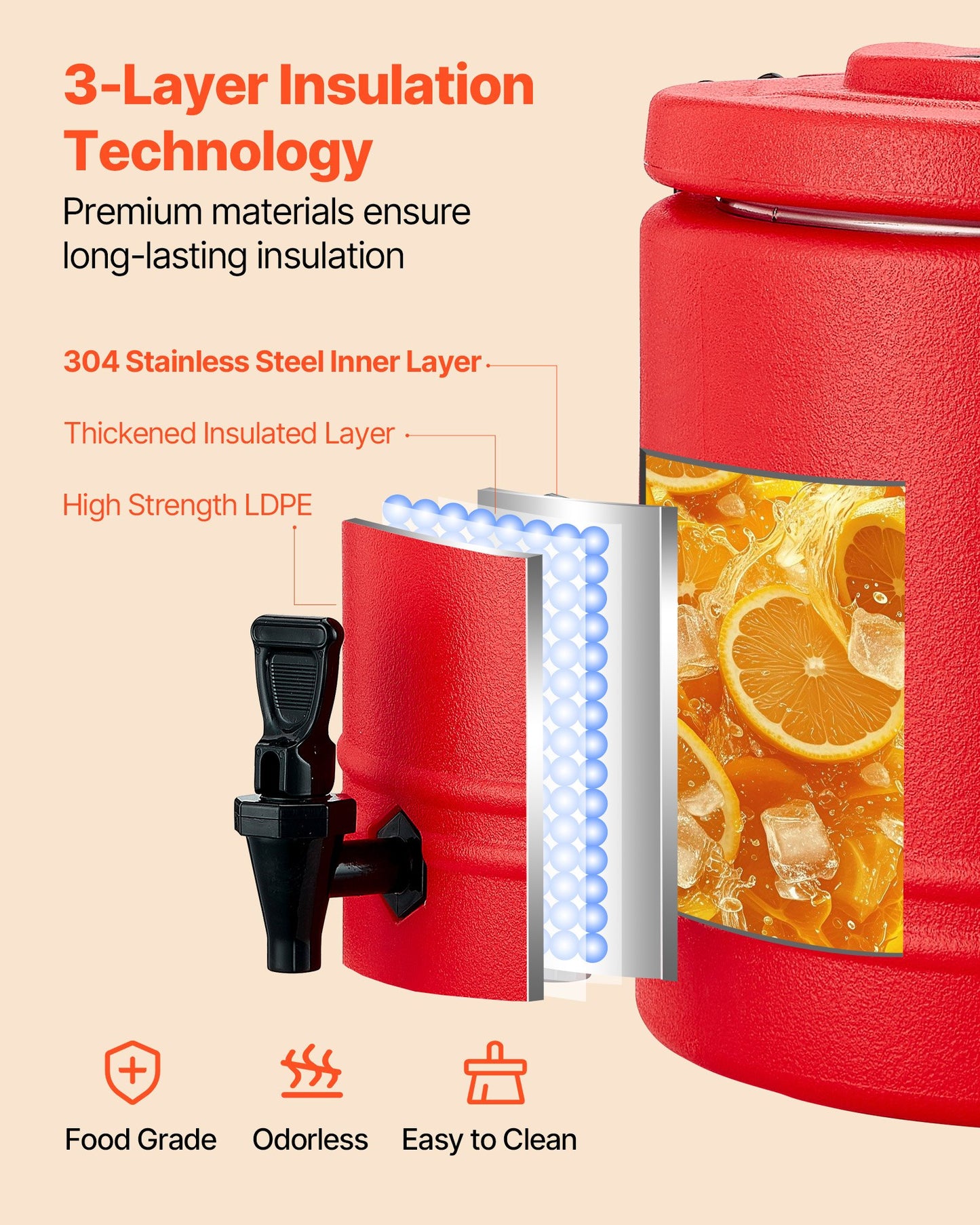 Isolerad dryckesdispenser, 2,2 gal/8 l termisk serveringsbehållare för varma och kalla drycker med kran, livsmedelsklassad kylkanna med insida i 304 rostfritt stål, för te, kaffe, restaurang, utomhusbruk