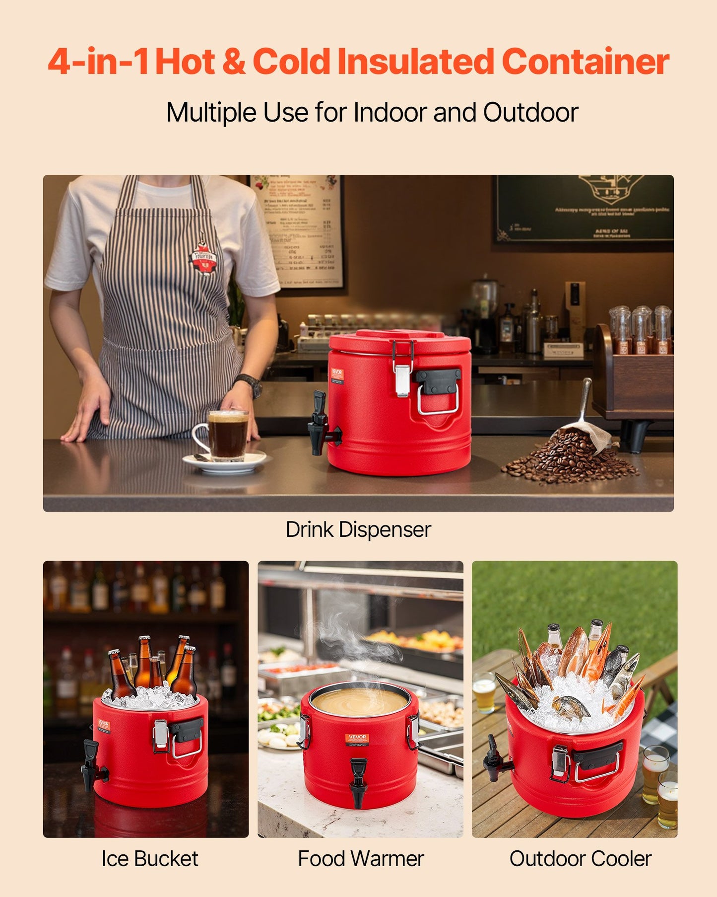 Isolerad dryckesdispenser, 2,2 gal/8 l termisk serveringsbehållare för varma och kalla drycker med kran, livsmedelsklassad kylkanna med insida i 304 rostfritt stål, för te, kaffe, restaurang, utomhusbruk