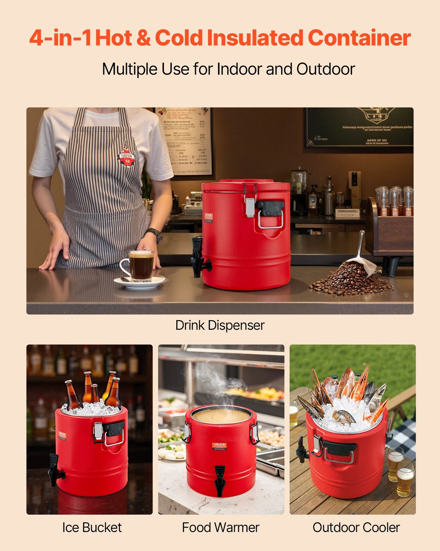 Isolerad dryckesdispenser, 3 gal/11,4 l termisk serveringsbehållare för varma och kalla drycker med kran, livsmedelsklassad kylkanna med insida i 304 rostfritt stål, för te, kaffe, restaurang, utomhusbruk