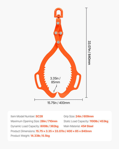 28-tums timmerlyfttång, timmertång med 2 klor, kraftig stålgrip, lyftkapacitet 1100 kg, svängbar timmergripare, Eagle Claw-design, timmersläptång för lastbilar, traktorer, gaffeltruckar
