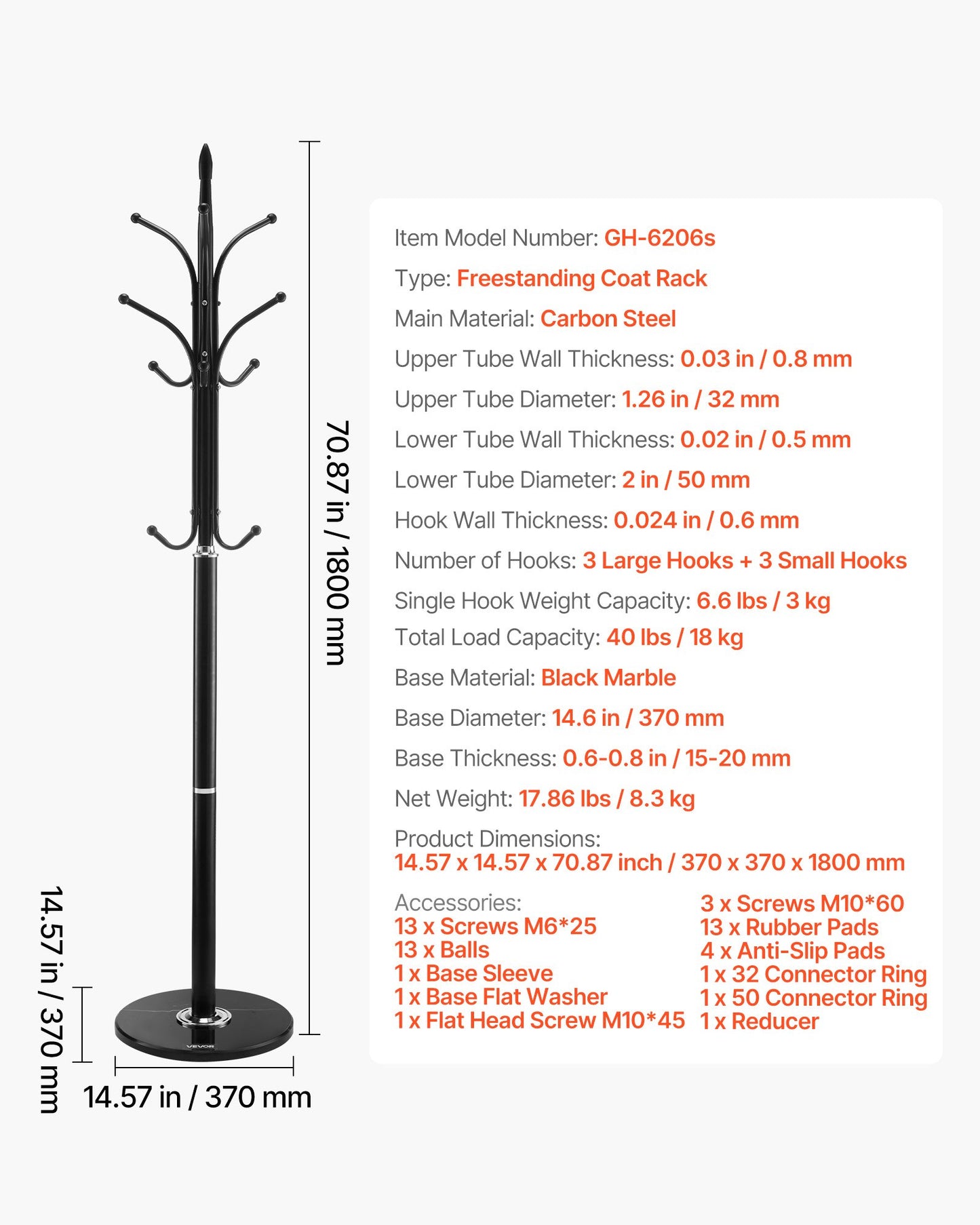 Fristående klädhängare, klädhängare med stabil marmorbas och 6 krokar, fristående hallkapphängare för entré, sovrum, kontor, vardagsrum, modern klädhängare för rockar, hattar, väskor
