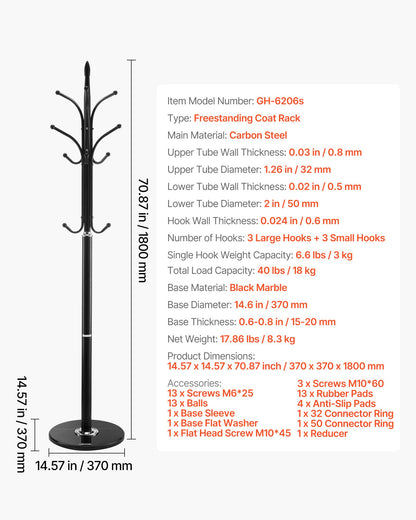Fristående klädhängare, klädhängare med stabil marmorbas och 6 krokar, fristående hallkapphängare för entré, sovrum, kontor, vardagsrum, modern klädhängare för rockar, hattar, väskor