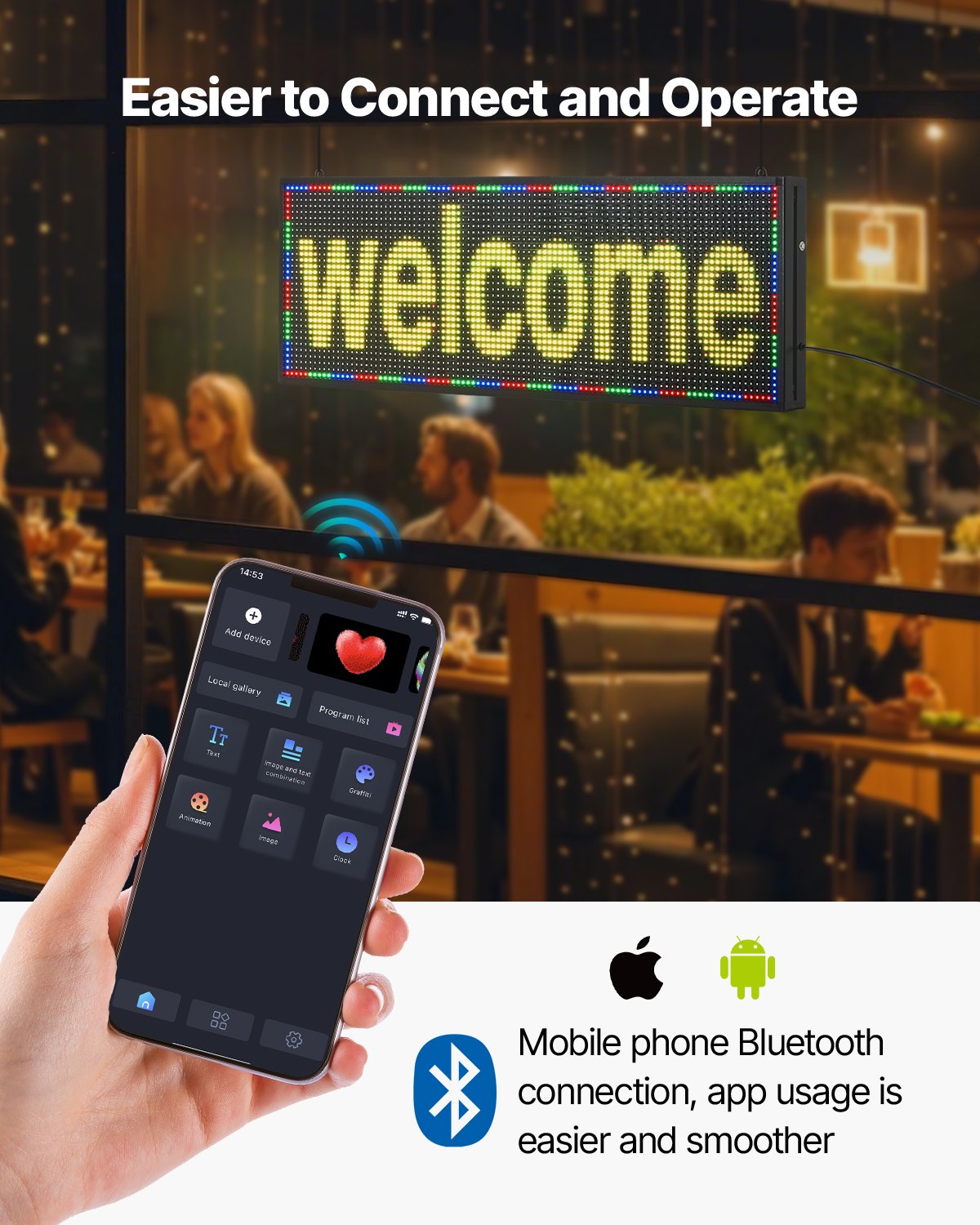 Programmerbar LED-skylt, P10 flexibel digital rullningspanel i fullfärg, gör-det-själv-anpassad textmönstrad GIF-displaytavla, Bluetooth-app-styrd meddelandeskylt för butiksreklam, 40x14 tum