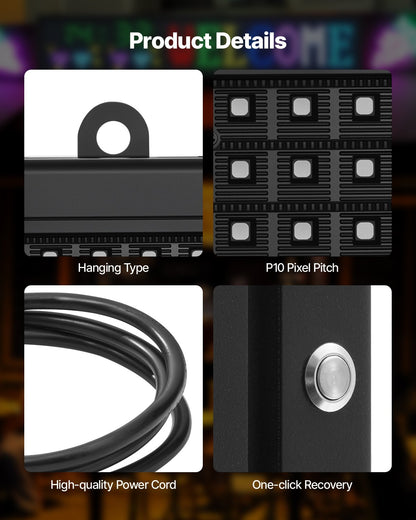 Programmerbar LED-skylt, P10 flexibel digital rullningspanel i fullfärg, gör-det-själv-anpassad textmönstrad GIF-displaytavla, Bluetooth-app-styrd meddelandeskylt för butiksreklam, 40x14 tum