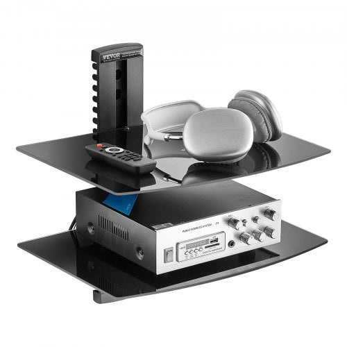 Glass Floating Shelves, Holds up to 18 lbs, TV Wall Mount with Shelf，Strengthened Floating Entertainment Center for DVD Players / PS4 / Cable Boxes/Game Consoles/Sky Box/TV Accessories-2 Tiers