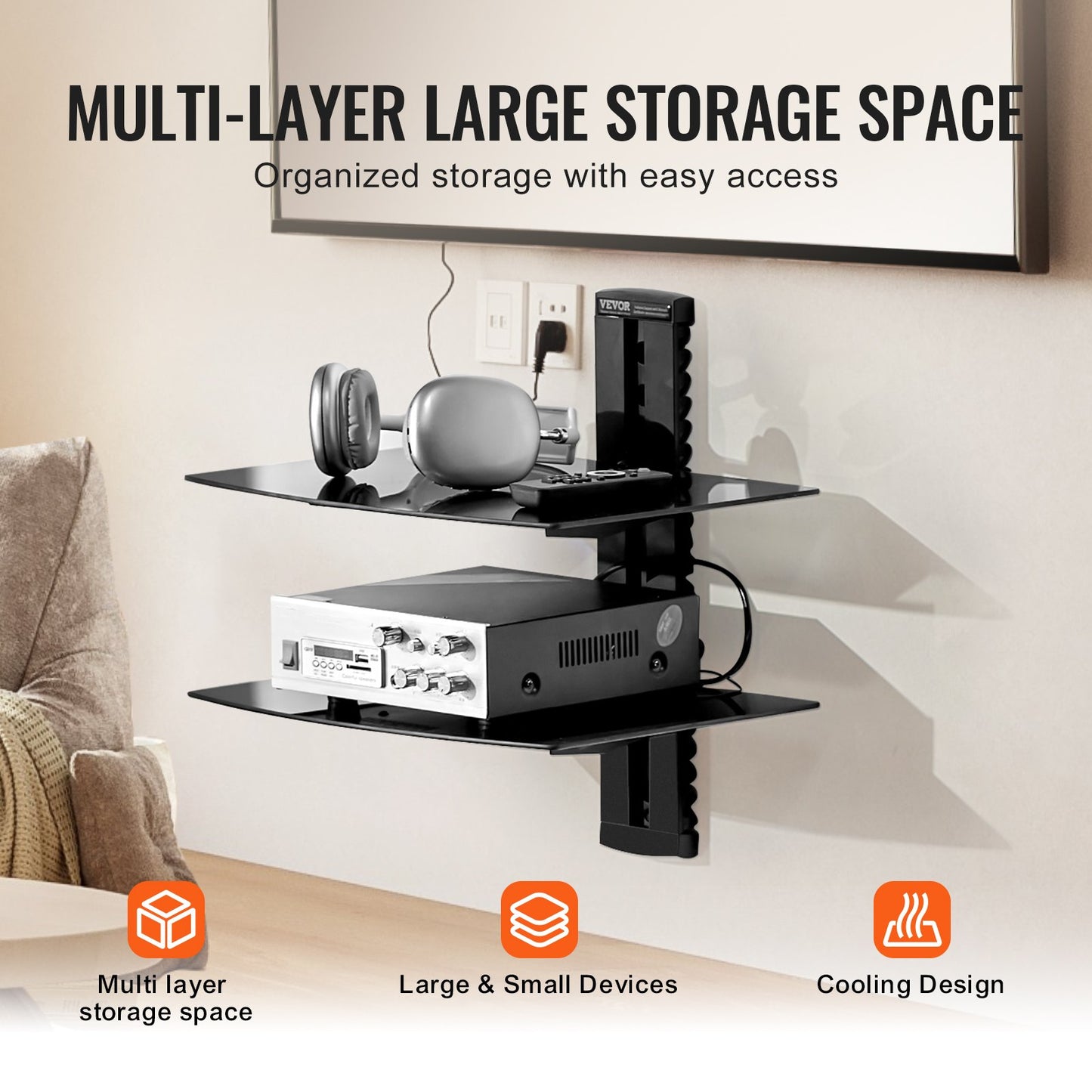 Glass Floating Shelves, Holds up to 18 lbs, TV Wall Mount with Shelf，Strengthened Floating Entertainment Center for DVD Players / PS4 / Cable Boxes/Game Consoles/Sky Box/TV Accessories-2 Tiers