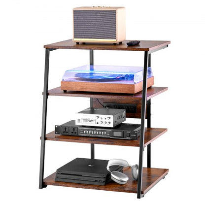 4-vånings AV-mediastativ med grenuttag, hörn-TV-stativ med LED-lampor, höjdjusterbara trähyllor för DVD-spelare/kabelboxar/spelkonsoler, brun