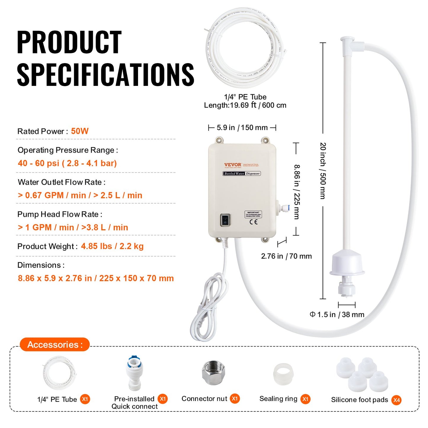Water Bottle Pump System 3.8 L/min 40 Psi Water Dispenser Pump With 609.6 cm Pe Pipe