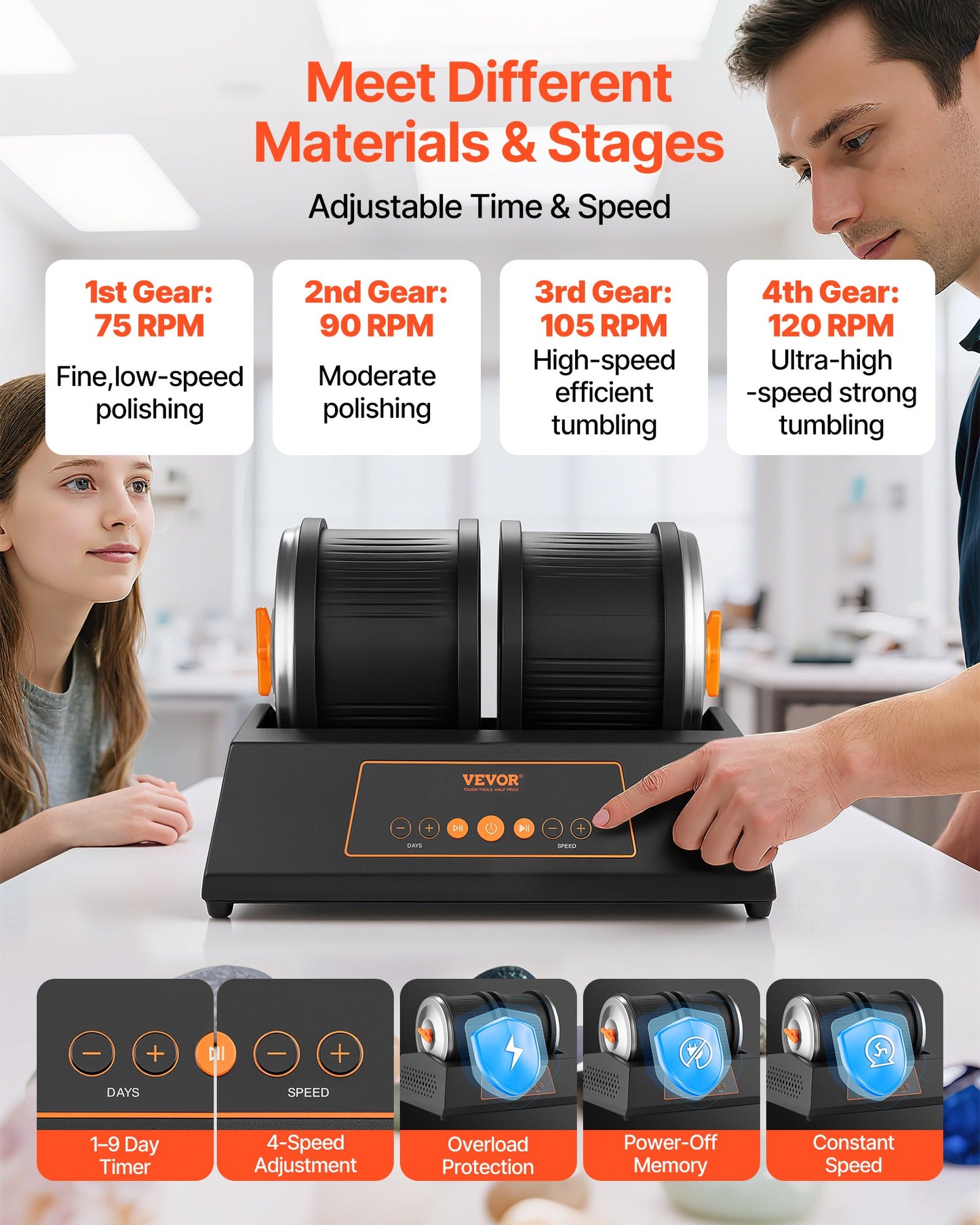 Stenputsarkit, 3,4 kg stenpoleringskit, 4 hastighetsinställningar, 9-dagars poleringstimer, stenpoleringskit, dubbeltrummig stenpolerare med adapter, stenpolerare för vuxna och barn