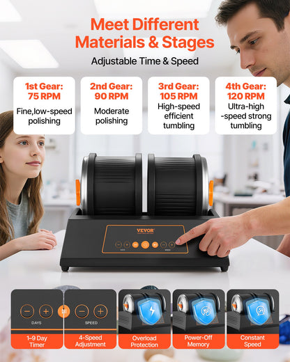 Stenputsarkit, 3,4 kg stenpoleringskit, 4 hastighetsinställningar, 9-dagars poleringstimer, stenpoleringskit, dubbeltrummig stenpolerare med adapter, stenpolerare för vuxna och barn