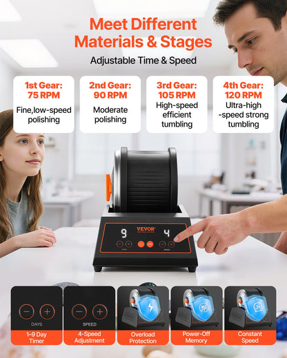 Stenputsarkit, stenpoleringskit, 4 hastighetsinställningar, 9-dagars poleringstimer, stenpoleringskit, remfri stenpolerare med adapter och överbelastningsskydd, stenpolerare för vuxna och barn