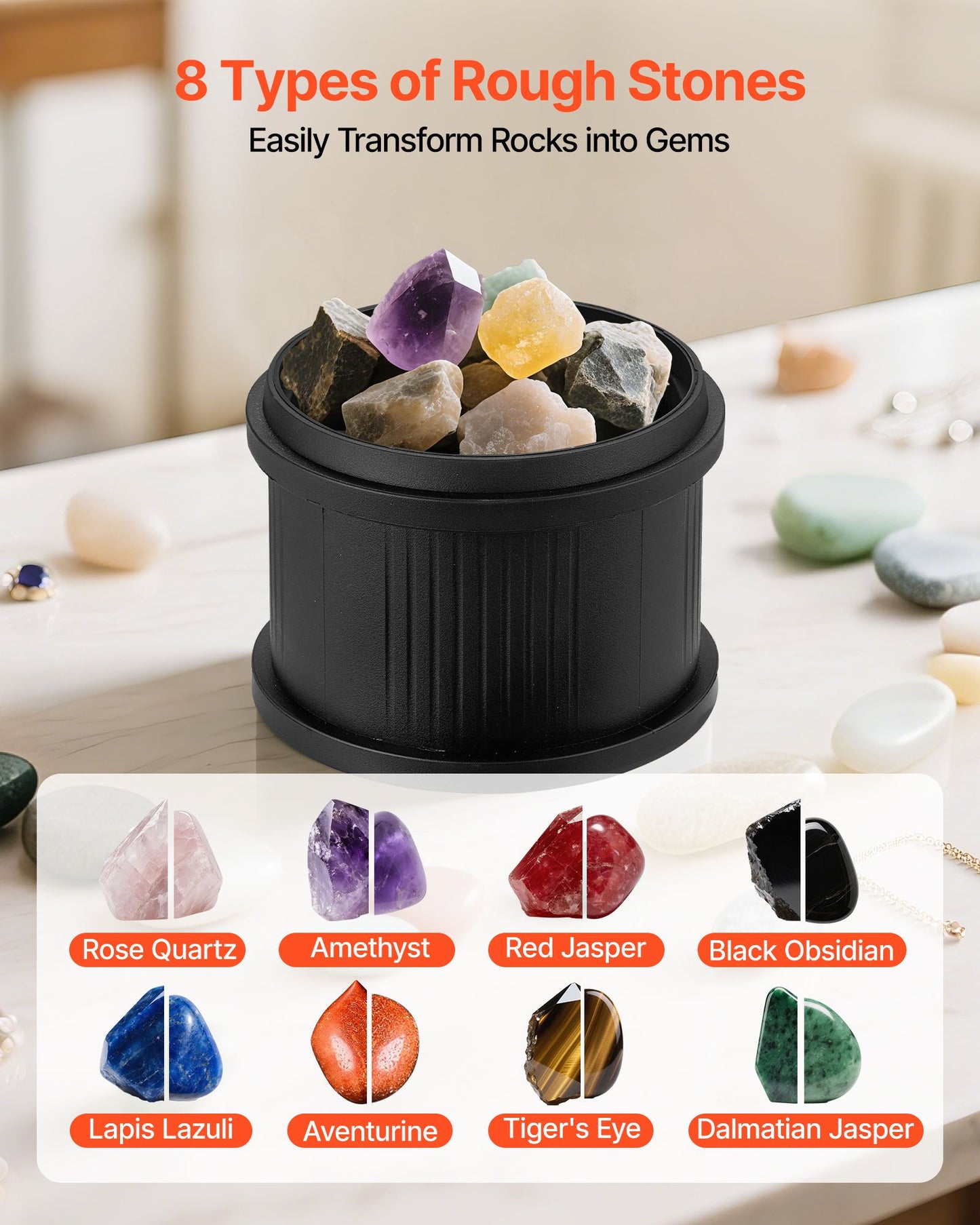 Stentumlare-kit, stenpoleringssats, 4 hastighetsinställningar, 9-dagars poleringstimer, stenpoleringssats, stenpolerare med grova ädelstenar och polerkorn, stenpolerare för vuxna och barn