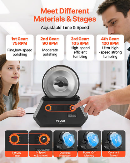 Stentumlare-kit, stenpoleringssats, 4 hastighetsinställningar, 9-dagars poleringstimer, stenpoleringssats, stenpolerare med grova ädelstenar och polerkorn, stenpolerare för vuxna och barn