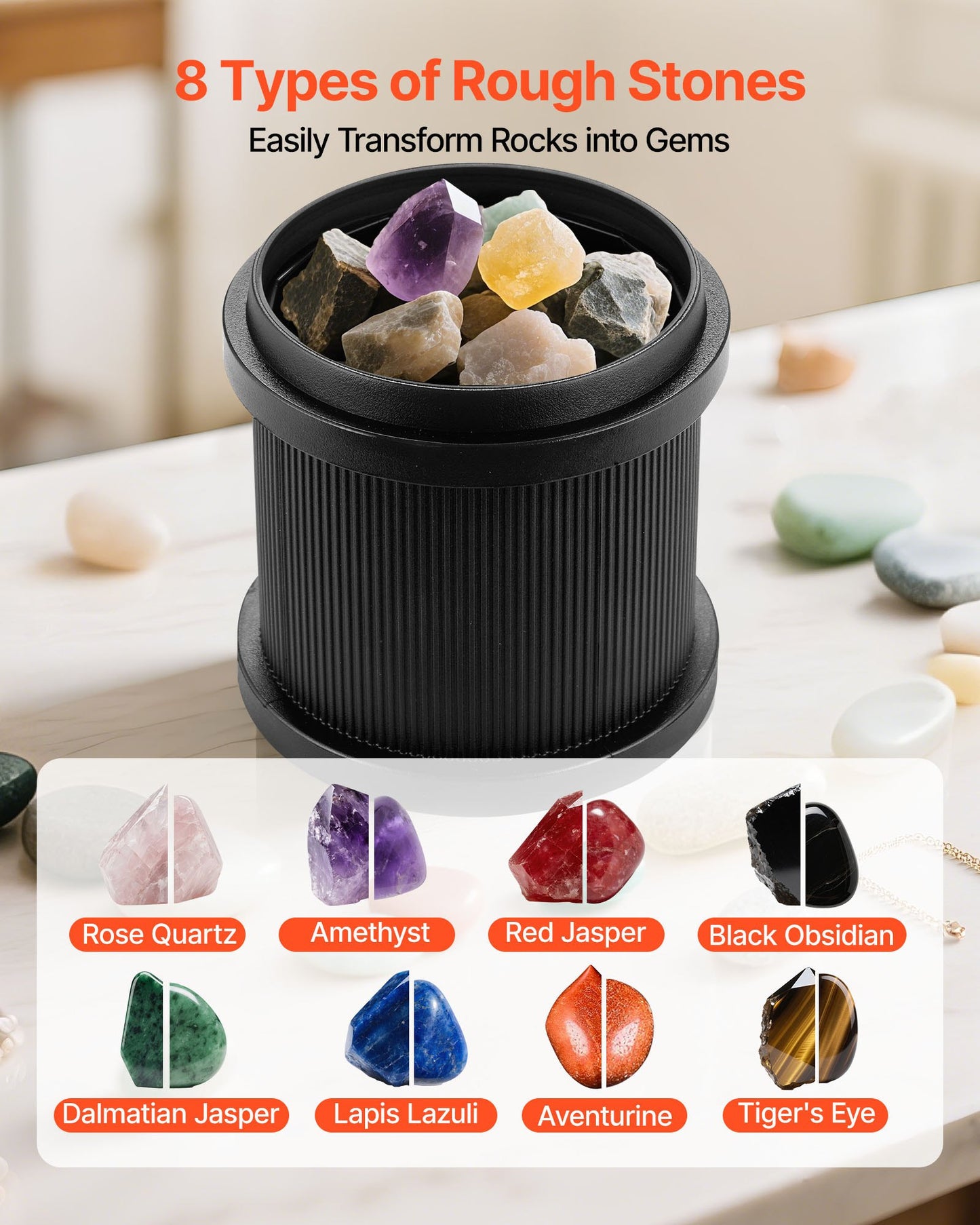 Stentumlare-kit, stenpoleringssats, 4 hastighetsinställningar, 9-dagars poleringstimer, stenpoleringssats, stenpolerare med grova ädelstenar och polerkorn, stenpolerare för vuxna och barn