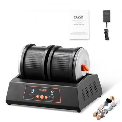 Stentrumlare, 3,6 kg stor kapacitet, stenpoleringsmaskin med dubbla pipor, 9 hastighetsinställningar, 9 dagars poleringstimer, stentrumlare, direktdriven motor, 35 dB tyst roterande polermaskin, svart