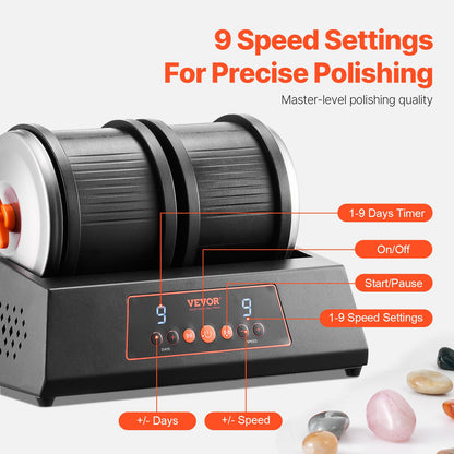 Stentrumlare, 3,6 kg stor kapacitet, stenpoleringsmaskin med dubbla pipor, 9 hastighetsinställningar, 9 dagars poleringstimer, stentrumlare, direktdriven motor, 35 dB tyst roterande polermaskin, svart