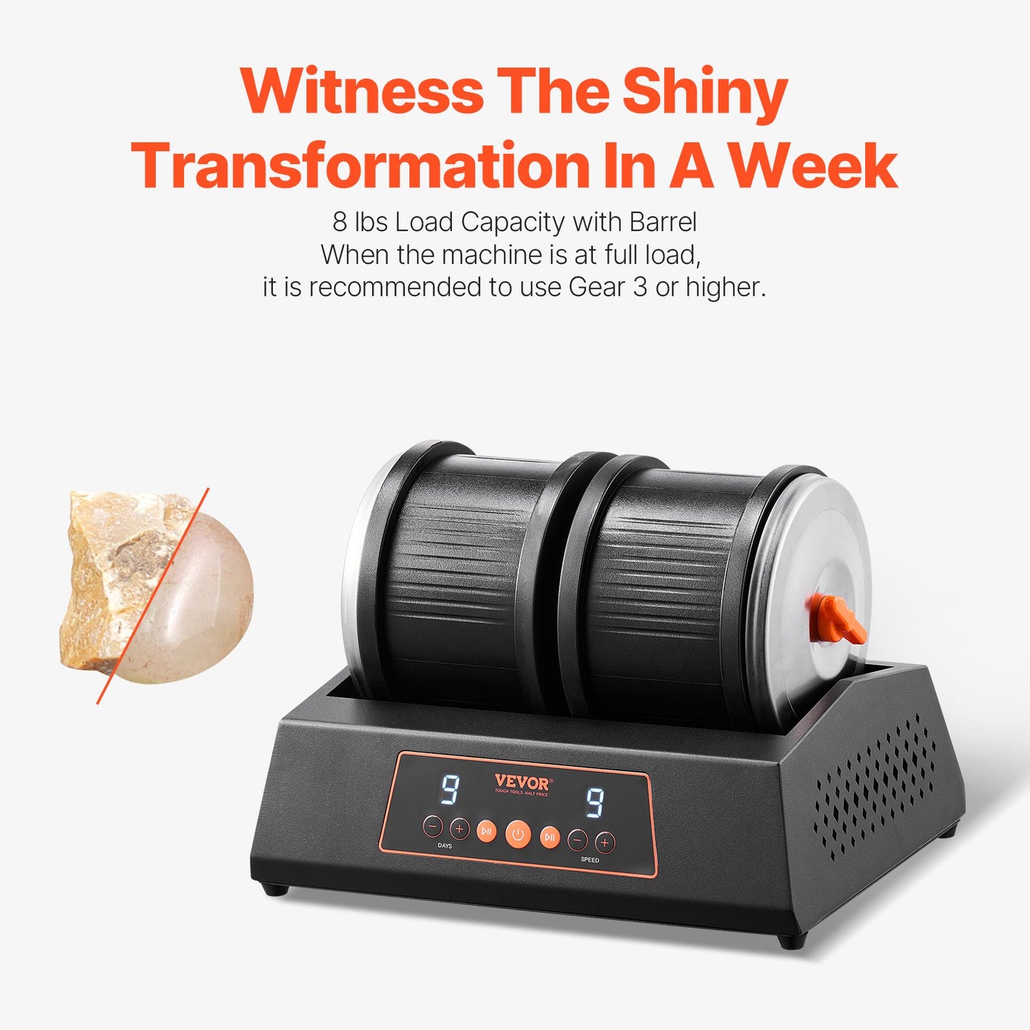 Stentrumlare, 3,6 kg stor kapacitet, stenpoleringsmaskin med dubbla pipor, 9 hastighetsinställningar, 9 dagars poleringstimer, stentrumlare, direktdriven motor, 35 dB tyst roterande polermaskin, svart