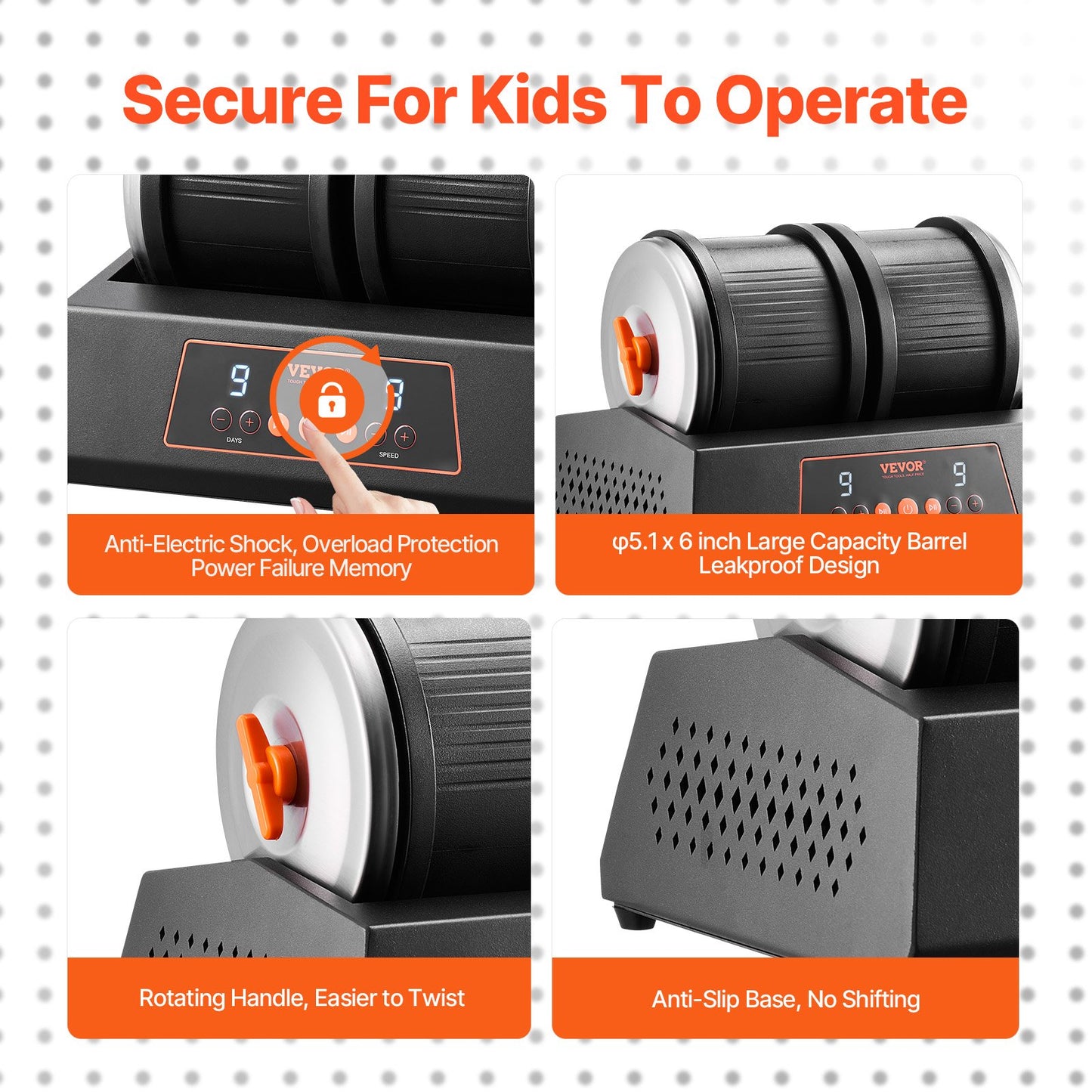 Stentrumlare, 3,6 kg stor kapacitet, stenpoleringsmaskin med dubbla pipor, 9 hastighetsinställningar, 9 dagars poleringstimer, stentrumlare, direktdriven motor, 35 dB tyst roterande polermaskin, svart