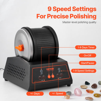 Stenstrummare, 1,8 kg stenpoleringsmaskin, 9 hastighetsinställningar, 9 dagars poleringstimer, stenstrummare, direktdriven motor, stenpoleringsmaskin, kallvalsat stålhus, stenpoleringsmaskin för barn och vuxna