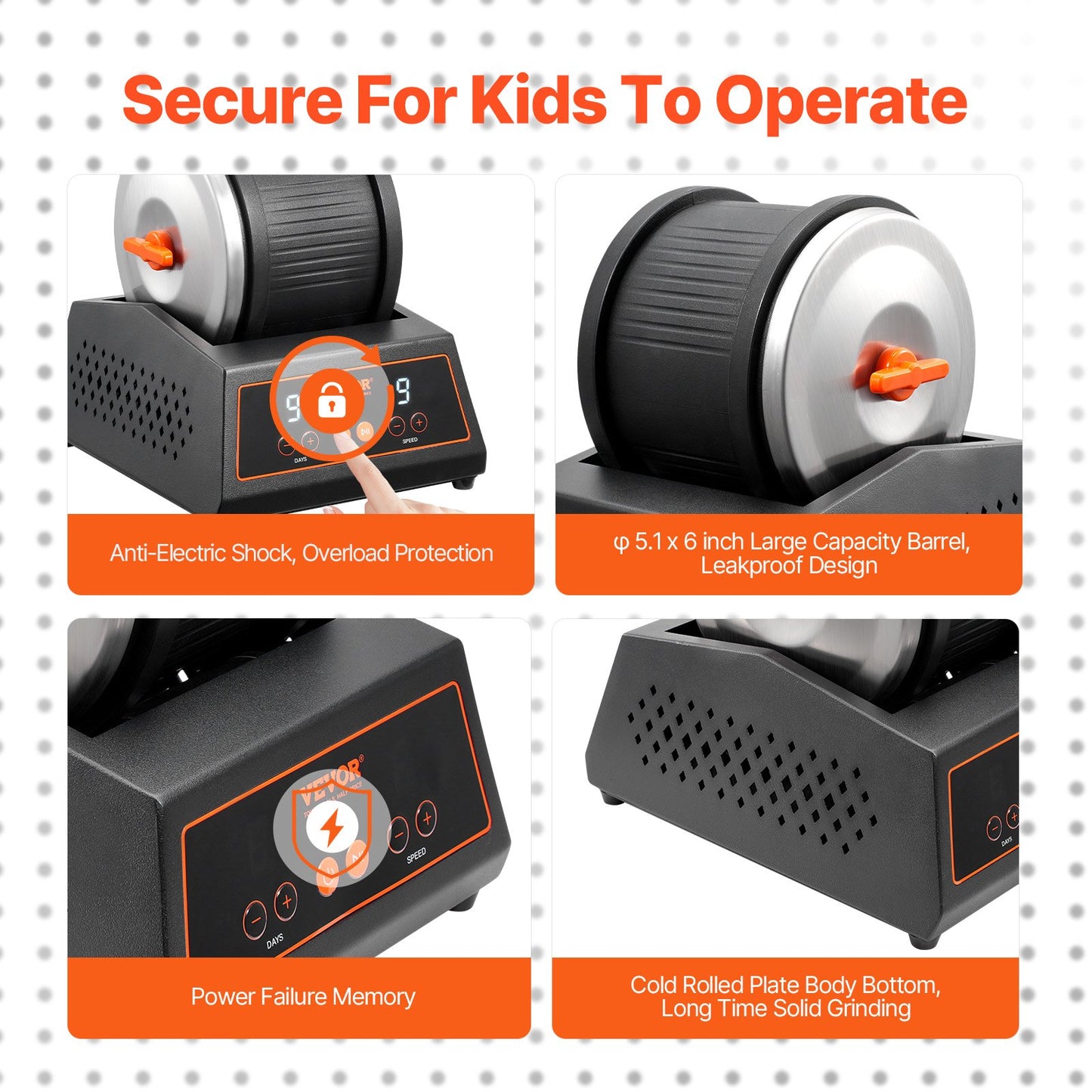 Stenstrummare, 1,8 kg stenpoleringsmaskin, 9 hastighetsinställningar, 9 dagars poleringstimer, stenstrummare, direktdriven motor, stenpoleringsmaskin, kallvalsat stålhus, stenpoleringsmaskin för barn och vuxna