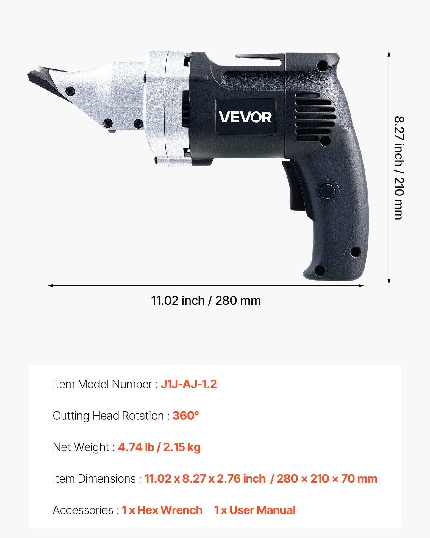 Elektrisk metallsax, 4,0-ampere sladdansluten plåtskärare med 360-graders vridbart huvud, variabel hastighet, kontinuerlig skärning, rent snitt för 1,22 mm galvaniserat stål, 1 mm rostfritt stål, 2500 slag/min