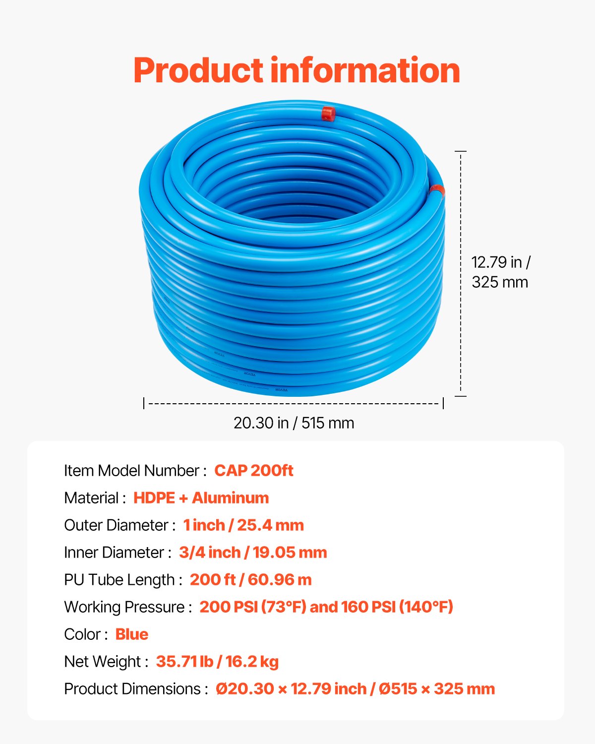 Luftkompressorledningssats, 61 m x 1,5 mm, HDPE-aluminium tryckluftsrörssystem, läckagesäker och enkel att installera, tryckluftsledningssats för garage och verkstäder, blå