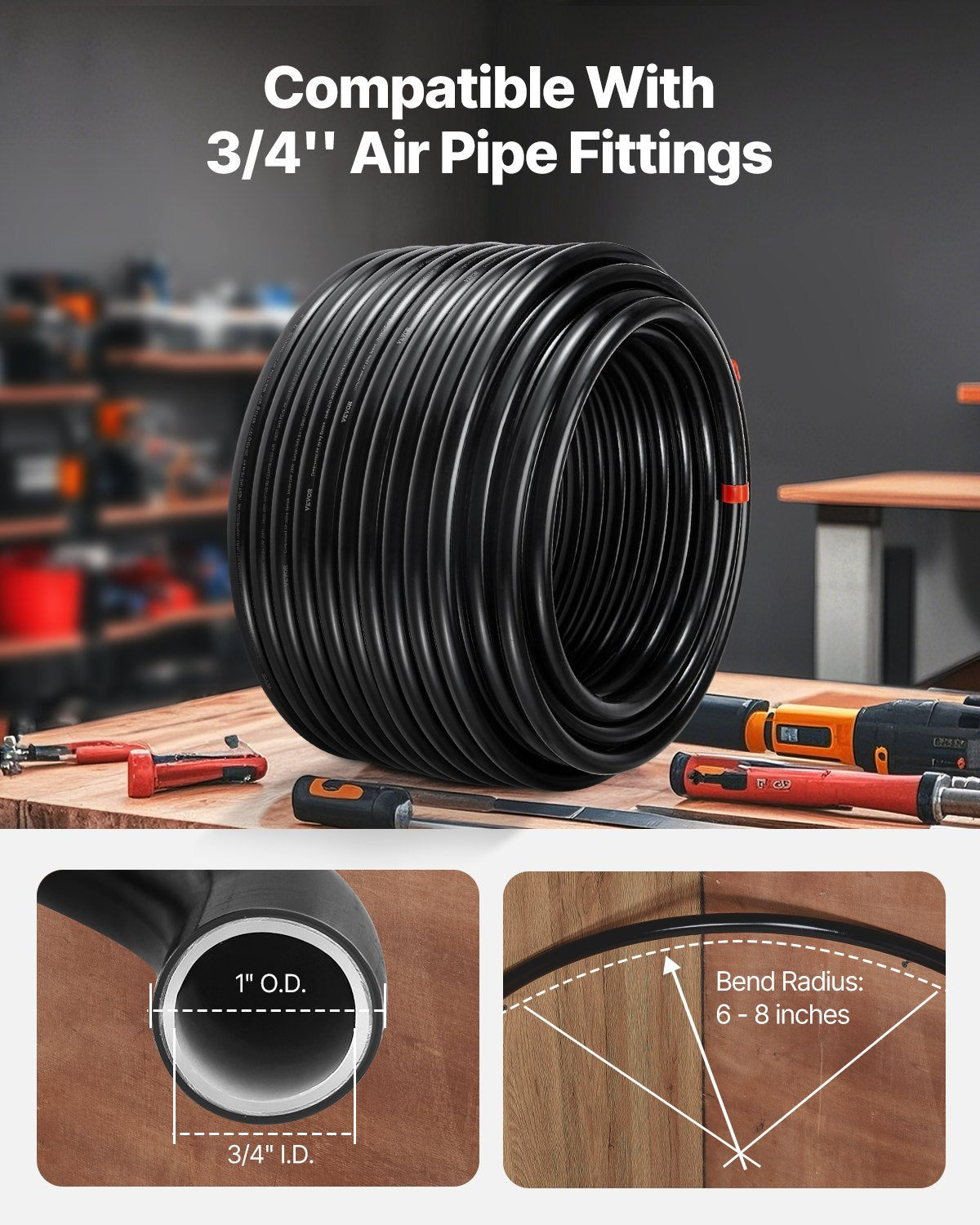 Luftkompressorledningssats, 61 m x 1,5 mm, HDPE-aluminium tryckluftsrörssystem, läckagesäker och enkel att installera, tryckluftsledningssats för garage och verkstäder, svart