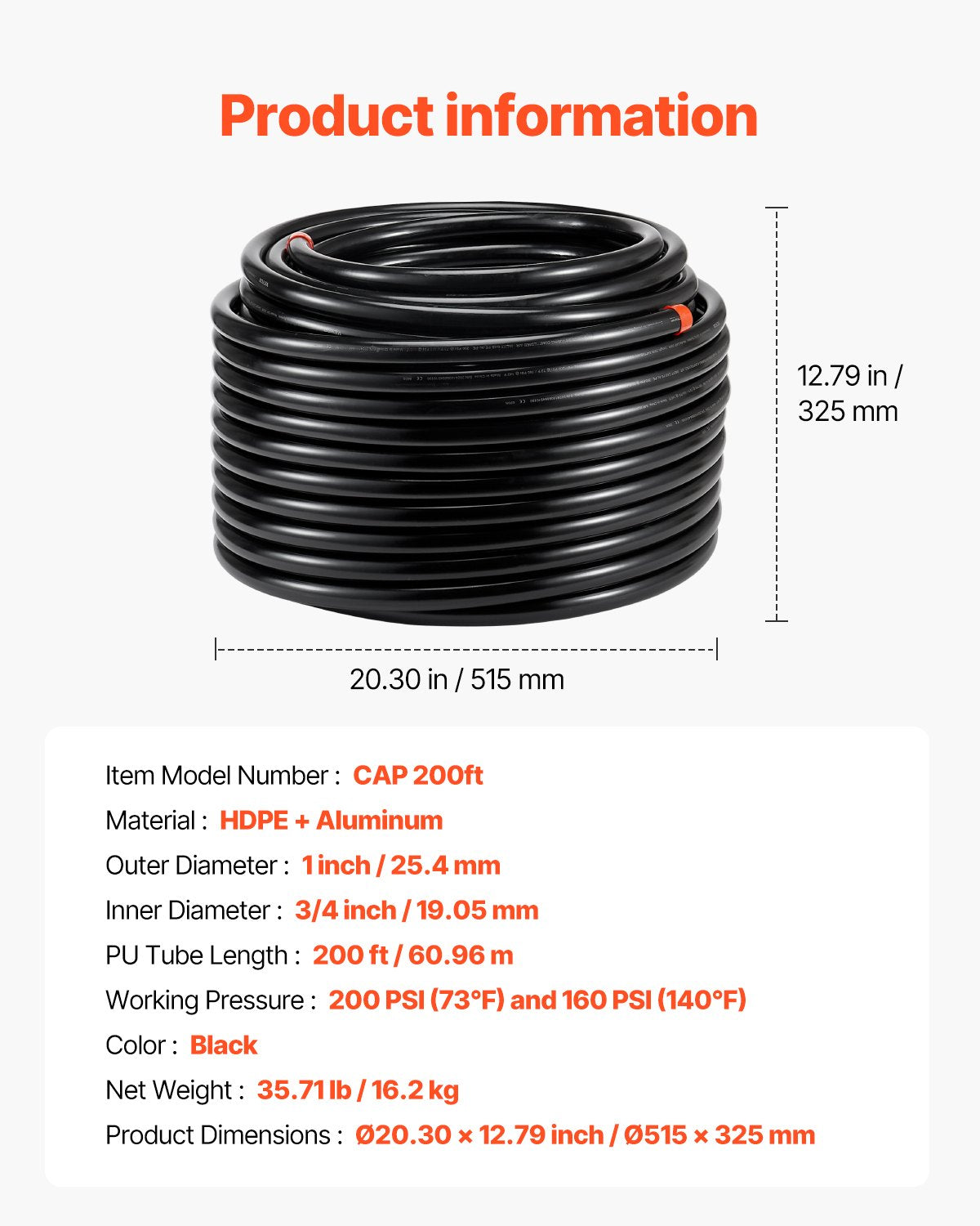 Luftkompressorledningssats, 61 m x 1,5 mm, HDPE-aluminium tryckluftsrörssystem, läckagesäker och enkel att installera, tryckluftsledningssats för garage och verkstäder, svart