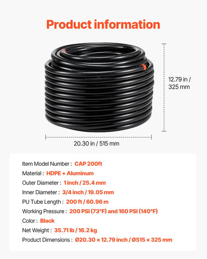 Luftkompressorledningssats, 61 m x 1,5 mm, HDPE-aluminium tryckluftsrörssystem, läckagesäker och enkel att installera, tryckluftsledningssats för garage och verkstäder, svart