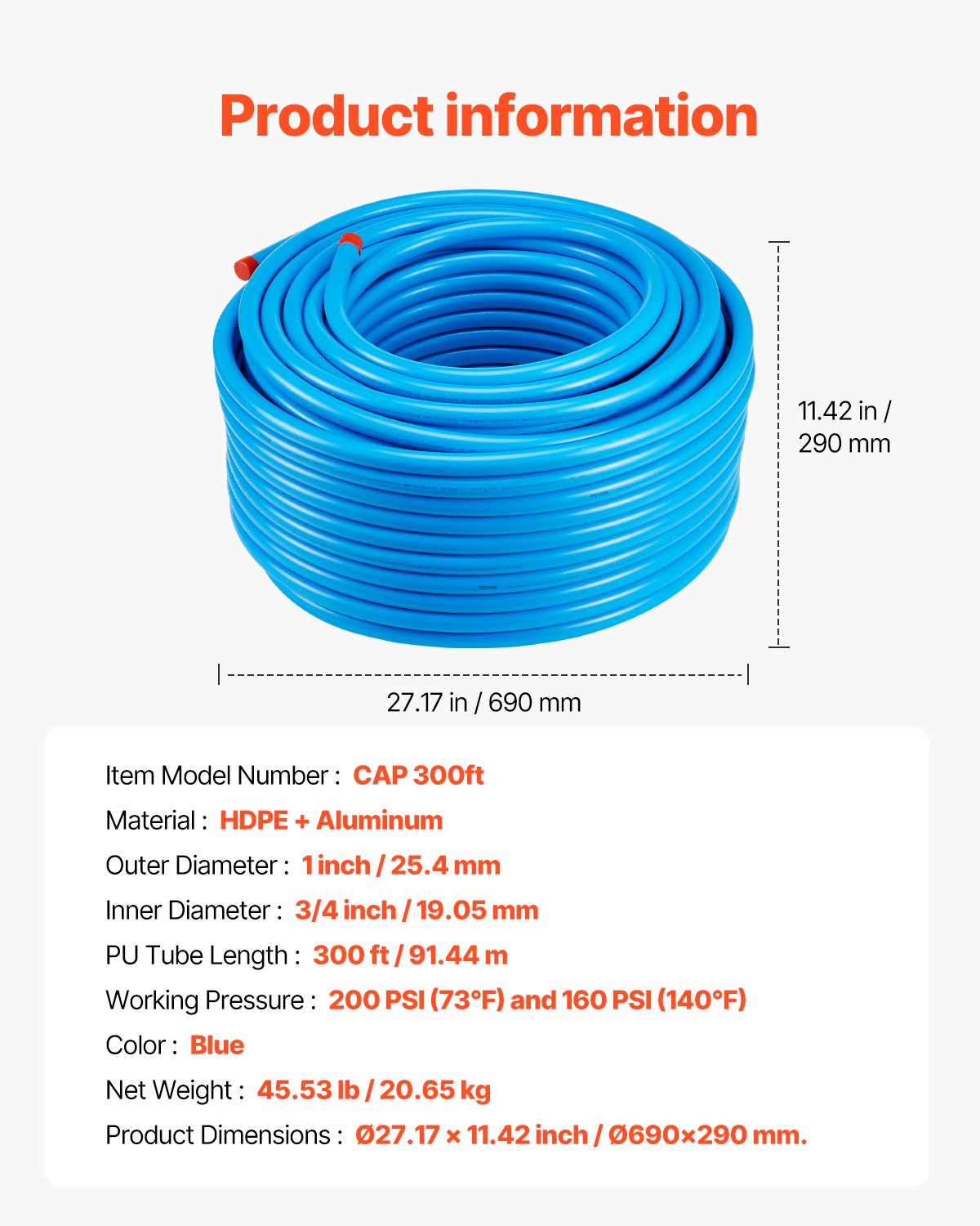 Luftkompressorledningssats, 300FT x 3/4", HDPE-aluminium tryckluftsrörssystem, läckagesäkert, tryckbeständigt och enkelt att installera, tryckluftsledningssats för garage och verkstäder, blå