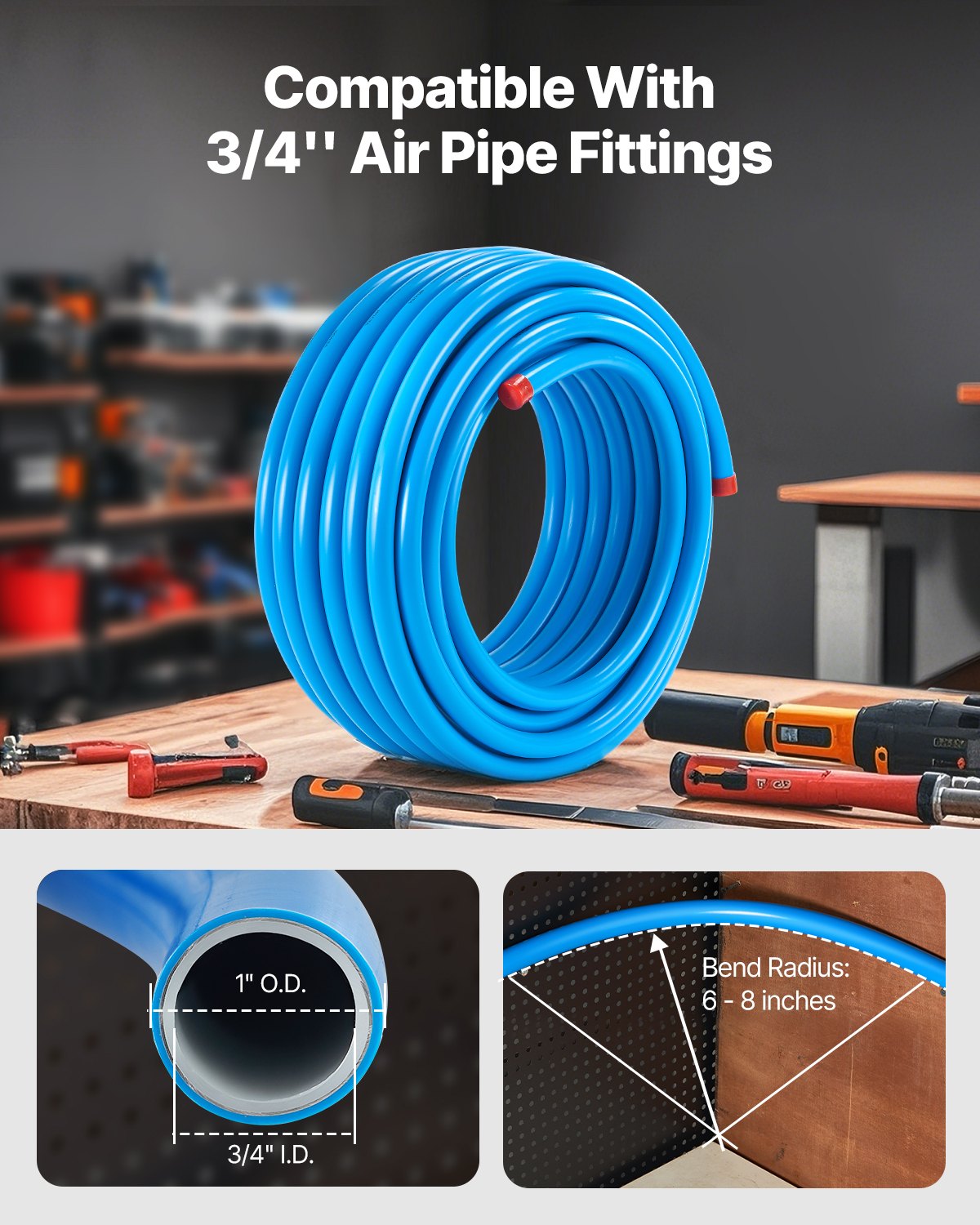 Luftkompressorledningssats, 100FT x 3/4", HDPE-aluminium tryckluftsrörssystem, läckagesäkert, tryckbeständigt och enkelt att installera, tryckluftsslangsats för garage och verkstäder, blå