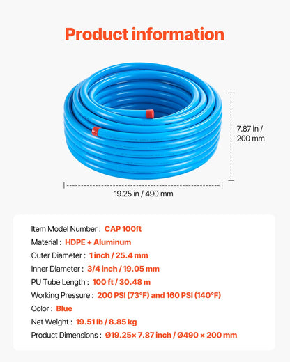 Luftkompressorledningssats, 100FT x 3/4", HDPE-aluminium tryckluftsrörssystem, läckagesäkert, tryckbeständigt och enkelt att installera, tryckluftsslangsats för garage och verkstäder, blå