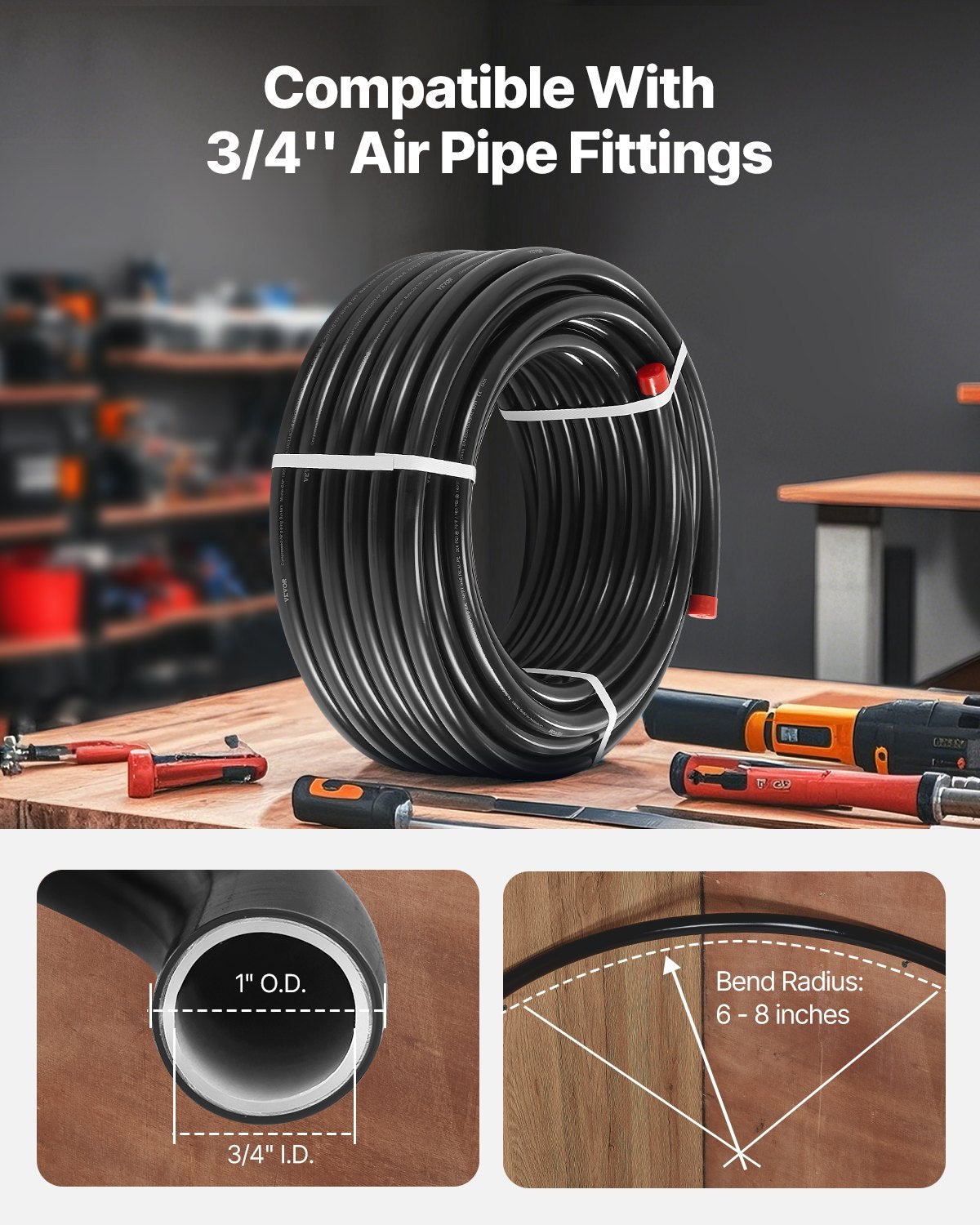 Luftkompressorledningssats, 100FT x 3/4", HDPE-aluminium tryckluftsrörssystem, läckagesäkert, tryckbeständigt och enkelt att installera, tryckluftsledningssats för garage, verkstäder, svart