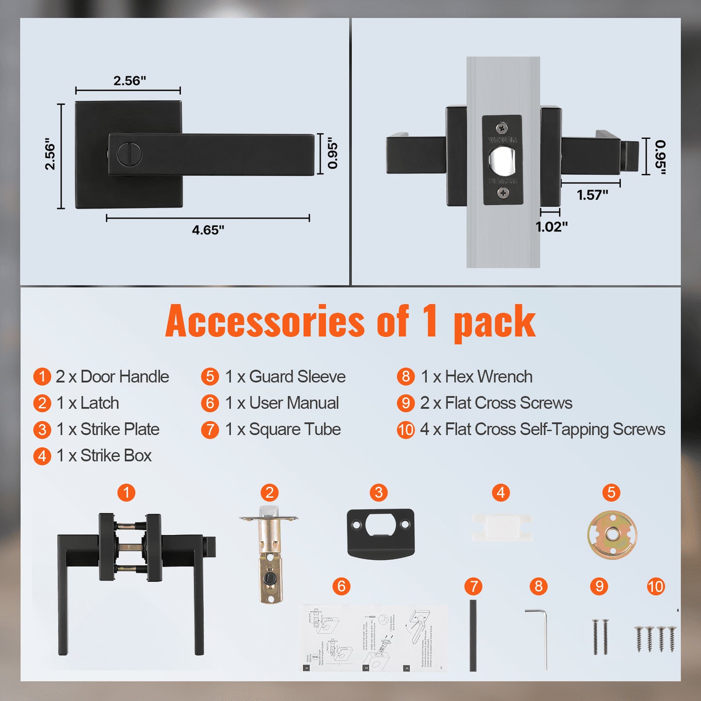 Dörrhandtag med sekretessfunktion, 10-pack mattsvart dörrhandtag, vänster- eller högerhängd vändbar handtag med nyckellöst lås, 45° rotation för öppning, universal fyrkantig insida för sovrums- och badrumsdörrar