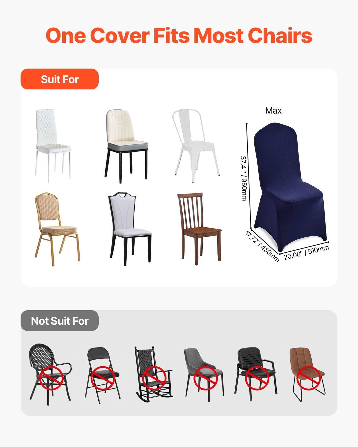 50 st. marinblå stolsöverdrag, polyester-spandex stolsöverdrag, stretchöverdrag för bröllopsfest, middag, bankett, platt front, passar stolsmått upp till 20,08 x 17,72 x 37,4 tum