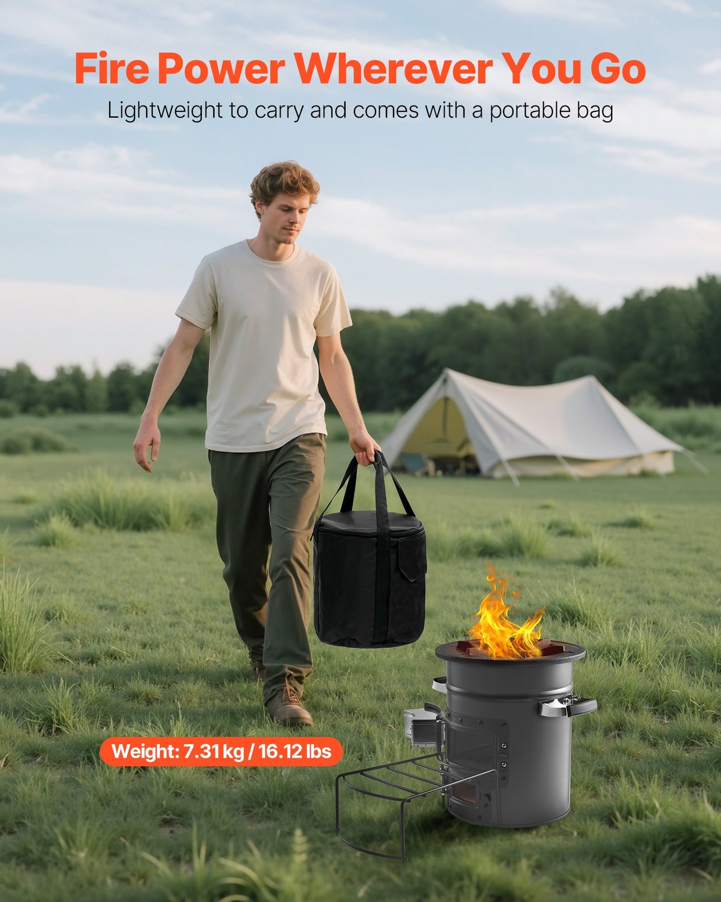 Campingraketkök, vedeldad bärbar raketkök med bärväska för vandring, SPCC-stål, dubbeldörr, brinnande kvistar, pinnar eller träkol för utomhusmatlagning, bakgård, campingmatlagning