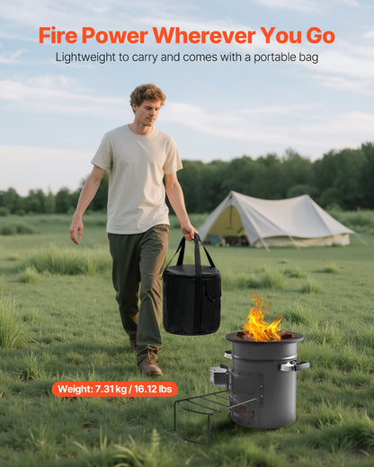 Campingraketkök, vedeldad bärbar raketkök med bärväska för vandring, SPCC-stål, dubbeldörr, brinnande kvistar, pinnar eller träkol för utomhusmatlagning, bakgård, campingmatlagning